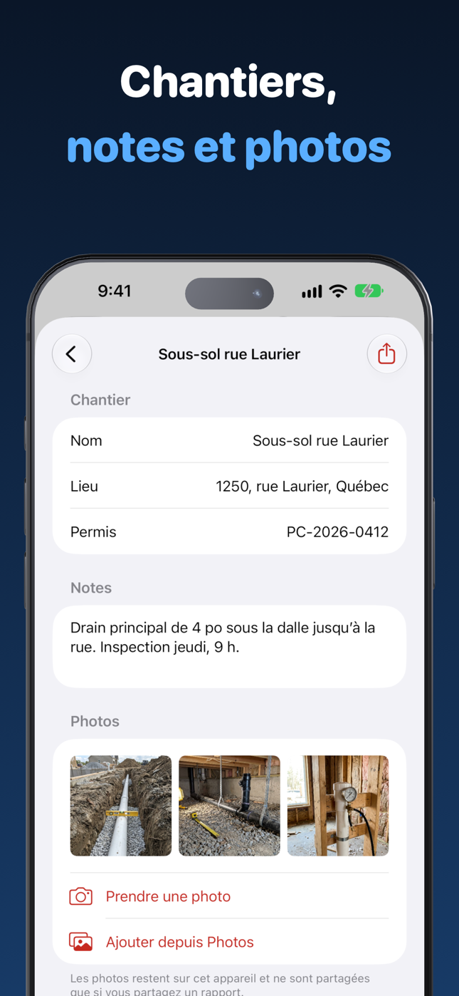 Chantier de plomberie avec adresse, numéro de permis, notes et photos