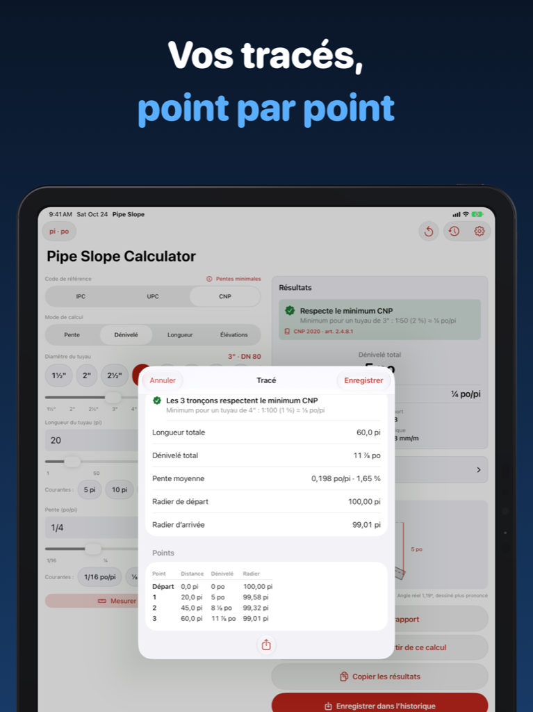 Tracé de drain à plusieurs tronçons sur iPad, avec le dénivelé et le radier à chaque point