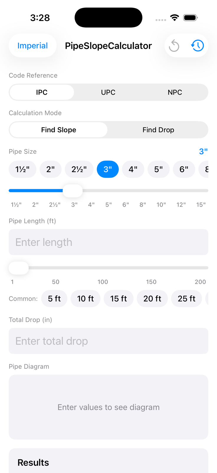 Pipe Slope Calculator with common slope presets including quarter inch per foot