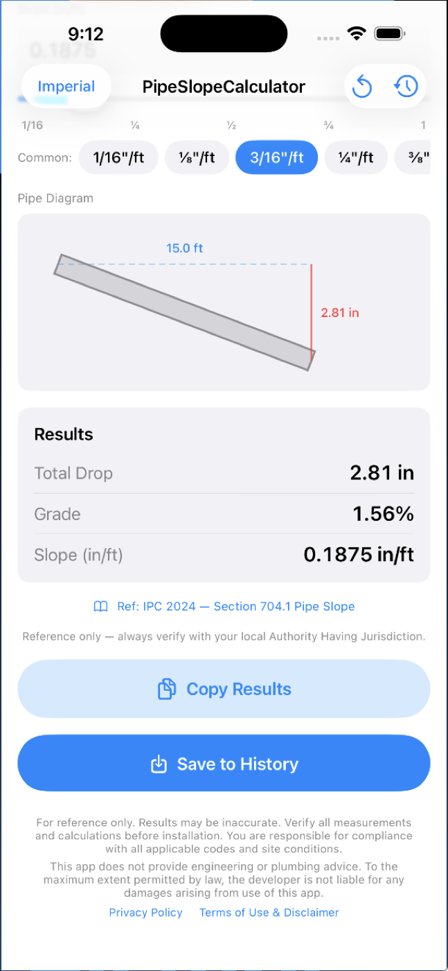 Pipe Slope Calculator results showing total drop, grade percentage and slope in inches per foot with an animated pipe diagram