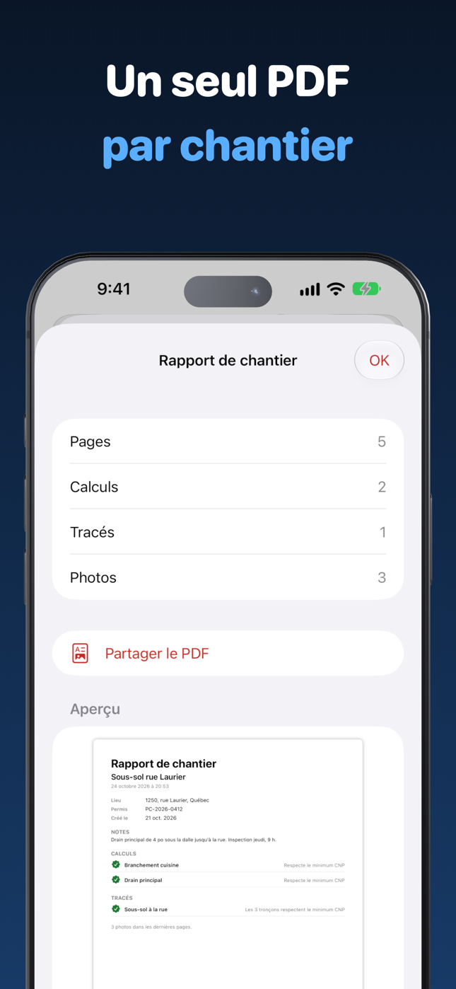 Rapport de chantier en PDF avec chaque calcul, tracé et photo