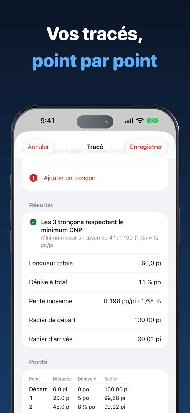 Tracé de drain à plusieurs tronçons avec dénivelé total, pente moyenne et radier à chaque point